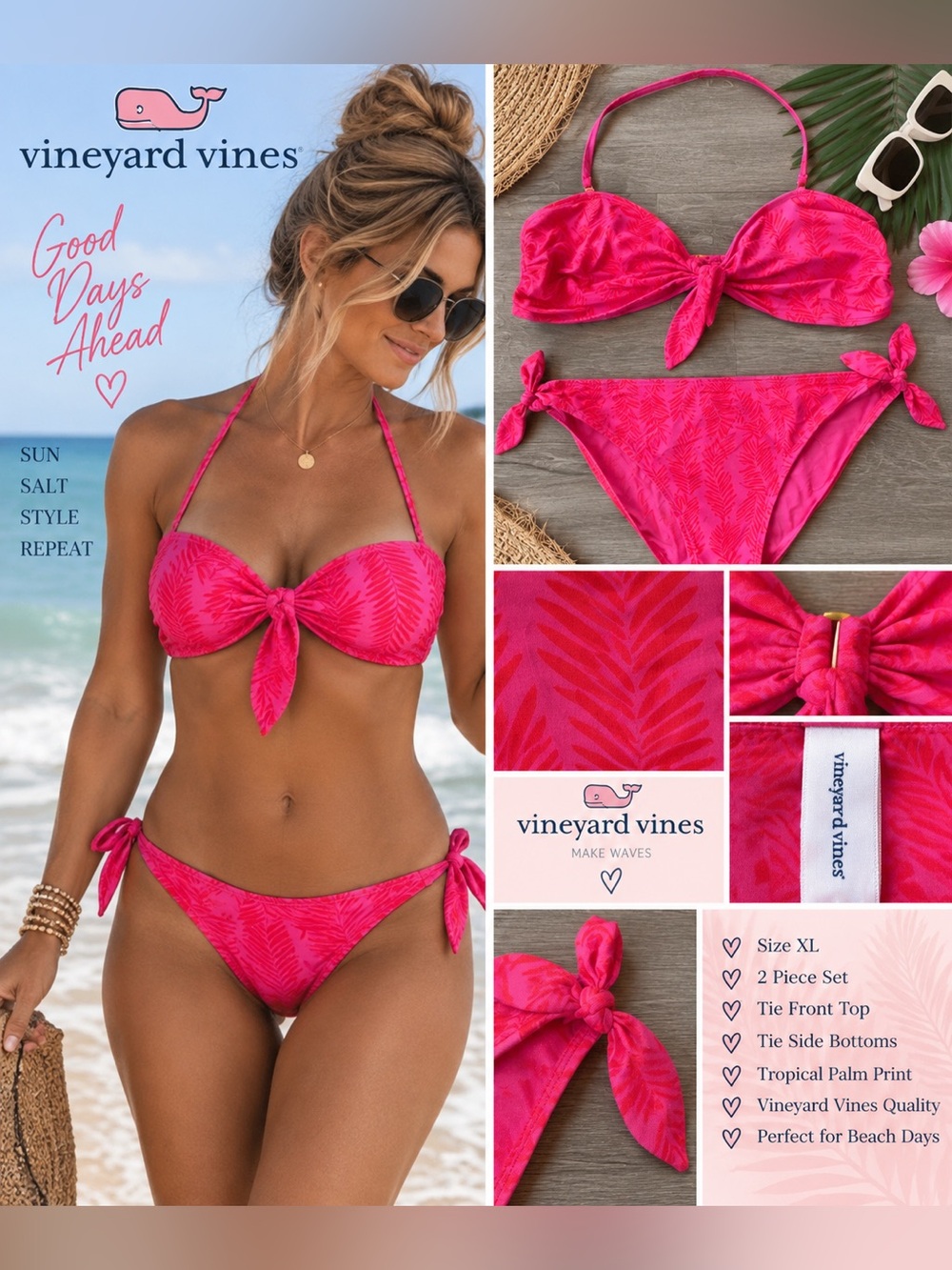 Vineyard Vines Pink Palm Print Tie Bikini Swimsuit XL